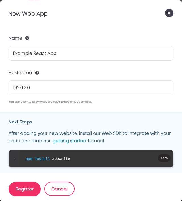 Appwrite form for adding a new web platform Appwrite form for adding a new web platform