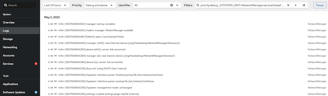 Cockpit Logs screen Cockpit Logs screen