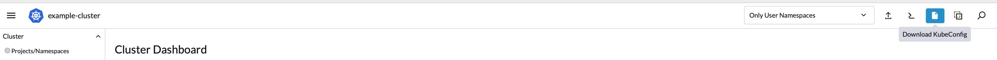 Rancher cluster dashboard - kubeconfig button highlighted Rancher cluster dashboard - kubeconfig button highlighted
