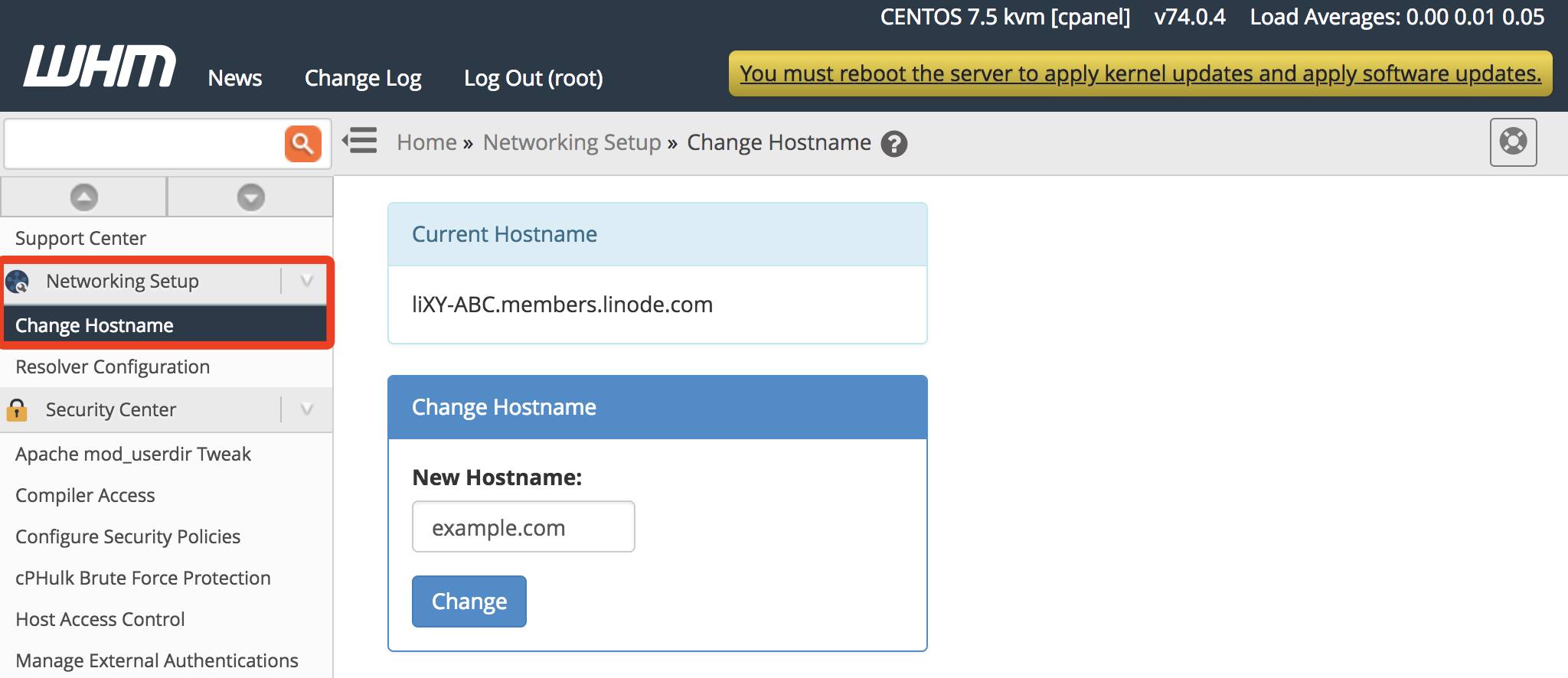 cPanel Change Hostname page. cPanel Change Hostname page