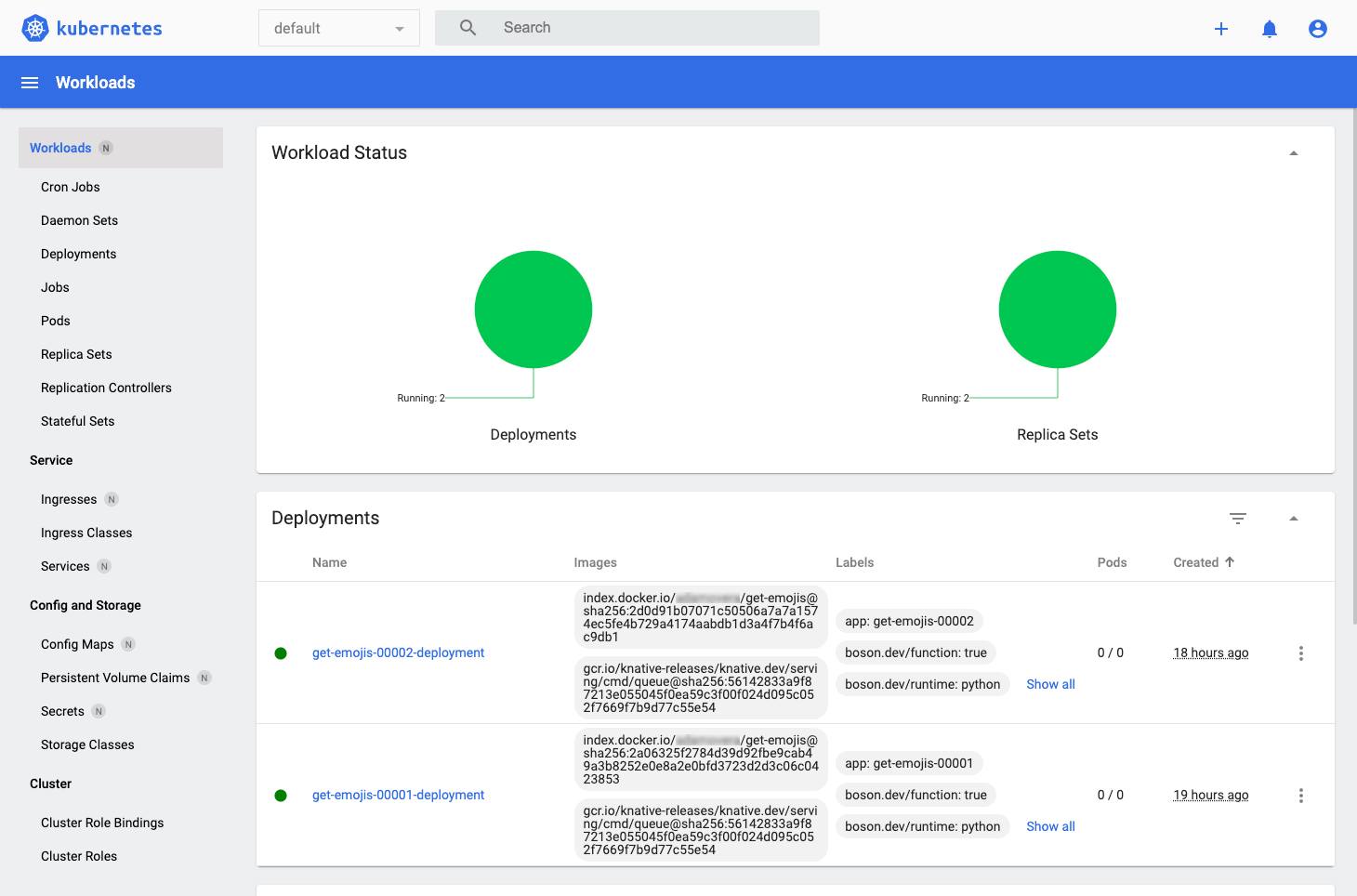 The default Kubernetes Dashboard showing workload status and deployments. The default Kubernetes Dashboard showing workload status and deployments.