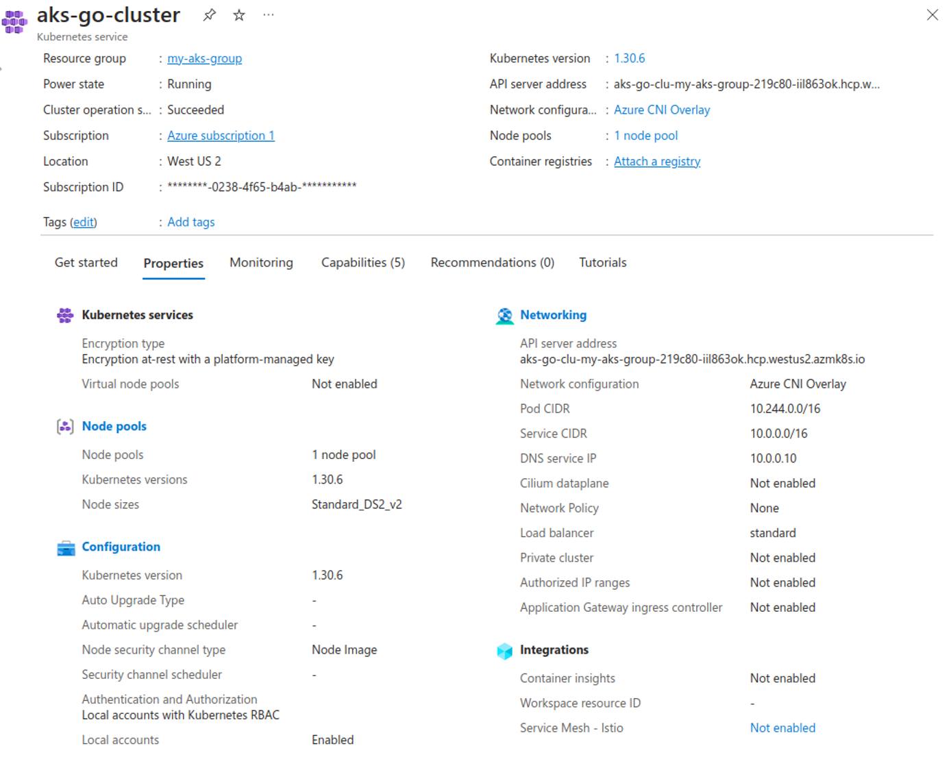 Azure portal displaying detailed overview information for an AKS cluster. Azure portal displaying detailed overview information for an AKS cluster.