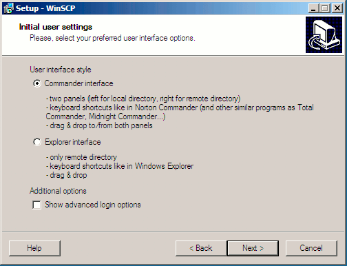 WinSCP setup wizard user interface style selection screen. WinSCP setup wizard user interface style selection screen.